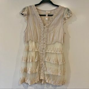 Embroidered button down top with ruffles